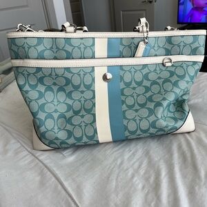 Coach Teal and Cream Signature Tote Bag